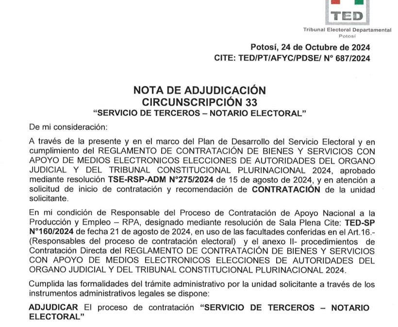 ADJUDICACION DE NOTARIOS ELECTORALES POTOSI- 2024 (CIRCUNSCRIPCIONES 33, 34, 35, 36, 37, 38, 39)