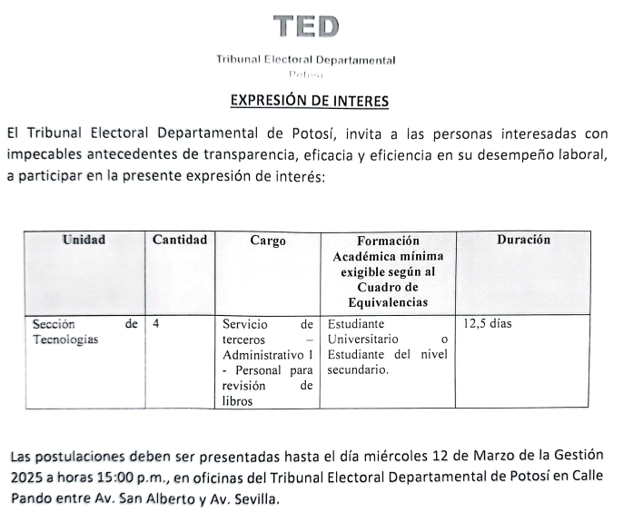 expresión de interés para el proceso de contratación de “Servicio de terceros – administrativo I – personal para revisión de libros”